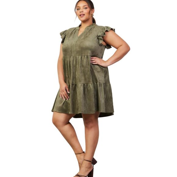 NWT Skies Are Blue Faux Suede Tiered Mini Dress in Olive Sz. 3X - Picture 1 of 4